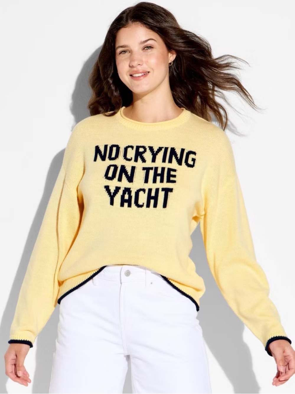 Wild Fable No Crying On The Yacht Crewneck Preppy Coastal Sweater Butter Yellow